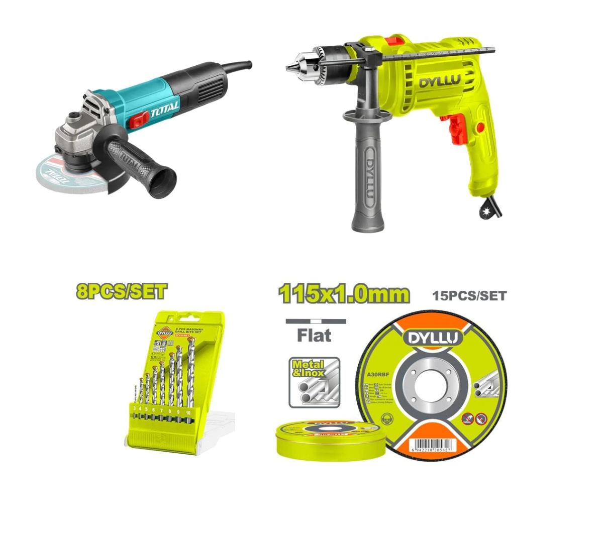C30345 COMBO DYLLU 3 (Taladro+amoladora+disco de corte+mecha widia)