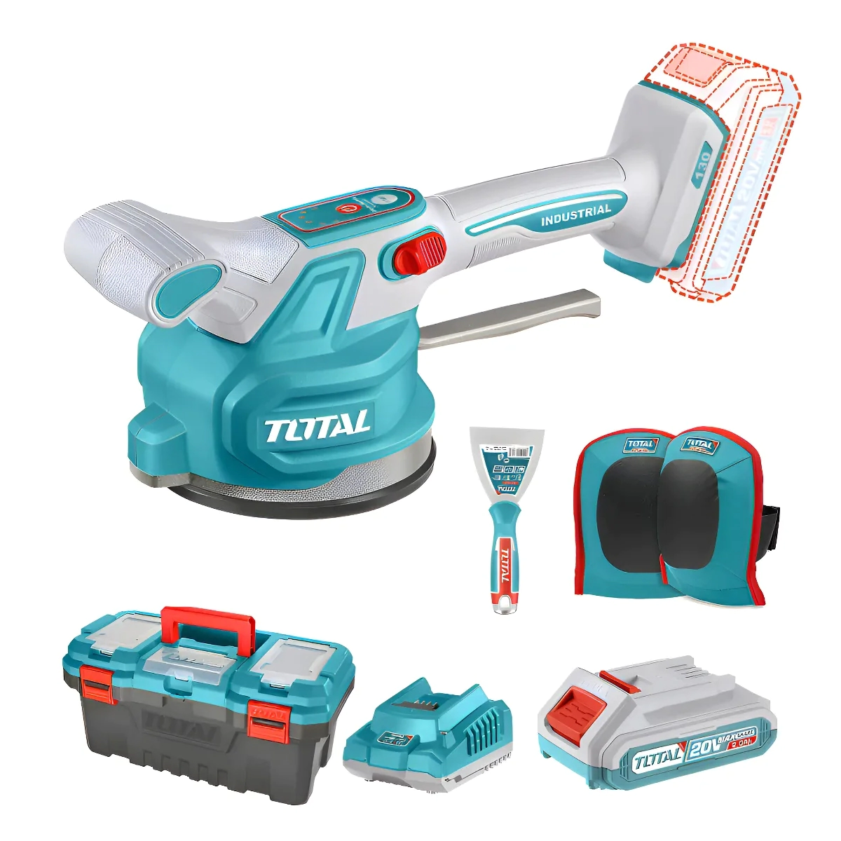 VENTOSA VIBRADORA PARA BALDOSA TOTAL +CAJA +BATERIAS+RODILLERA TTVLI20015-4