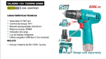 TALADRO INALAMBRICO 12 V TOTAL TDLI12456 C/ 1 BATERIA
