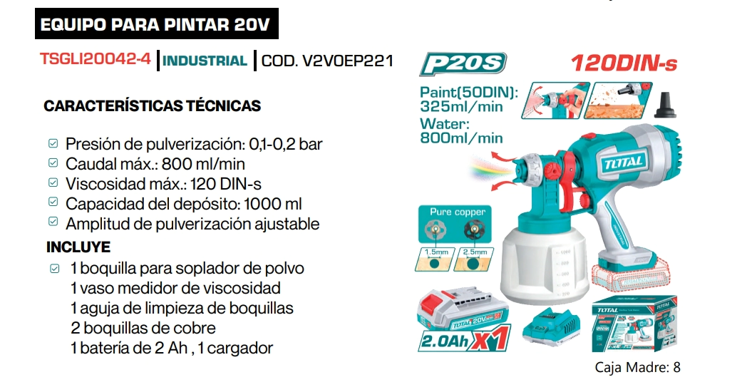 PISTOLA MAQUINA PARA PINTAR 20 VTOTAL TSGLI20042-4 (CON CARGADOR Y BATERIA)