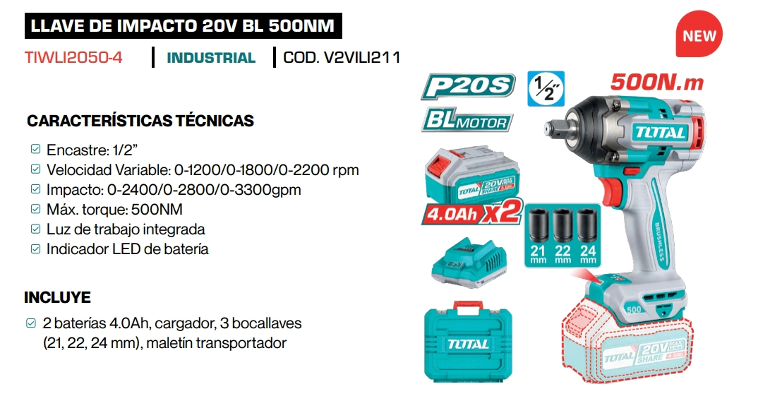 TALADRO INALAMBRICO DE IMPACTO 20 V -500Nm TOTAL INDUSTRIAL TIWLI2050-4 (CON 2 BATERIA Y  CARGADOR)