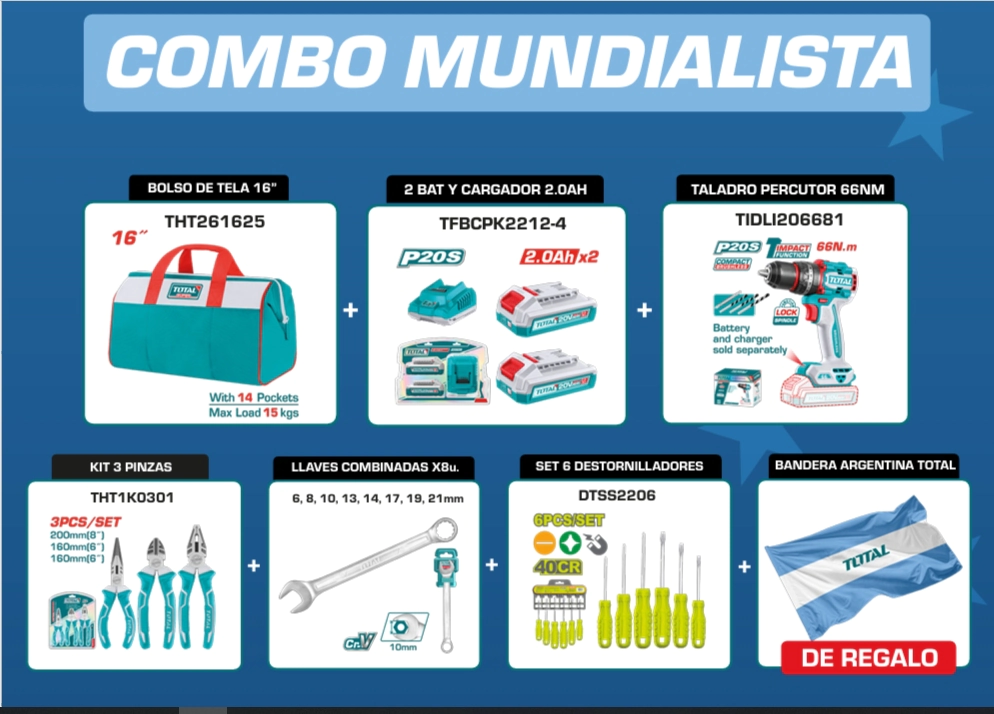 COMBO TOTAL MUNDIALISTA ( BOLSO+2 BATERIA C/CARG +TALADRO PERCU+KIT 3 PINZAS+LLAVE COMBINADA 6 A 21