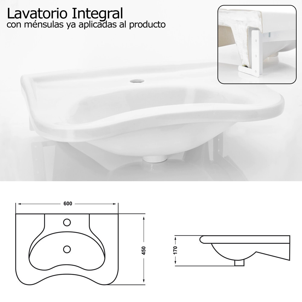 LAVATORIO INTEGRAL,  DIAMANTE (CORDENONS), 1 AGUJERO,  CON SOPorte metalico BLANCO