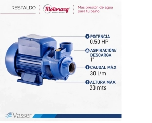 BOMBA PERIFERICA QB60 1/2 HP VASSER  Conex 1" x 1" Caudal 1800 L/H Alt Max 20mt